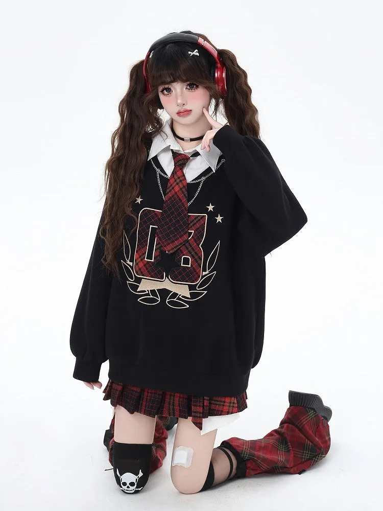 Black Preppy Faux Two-pieces Loose Sweatshirt with Red Plaid Tie