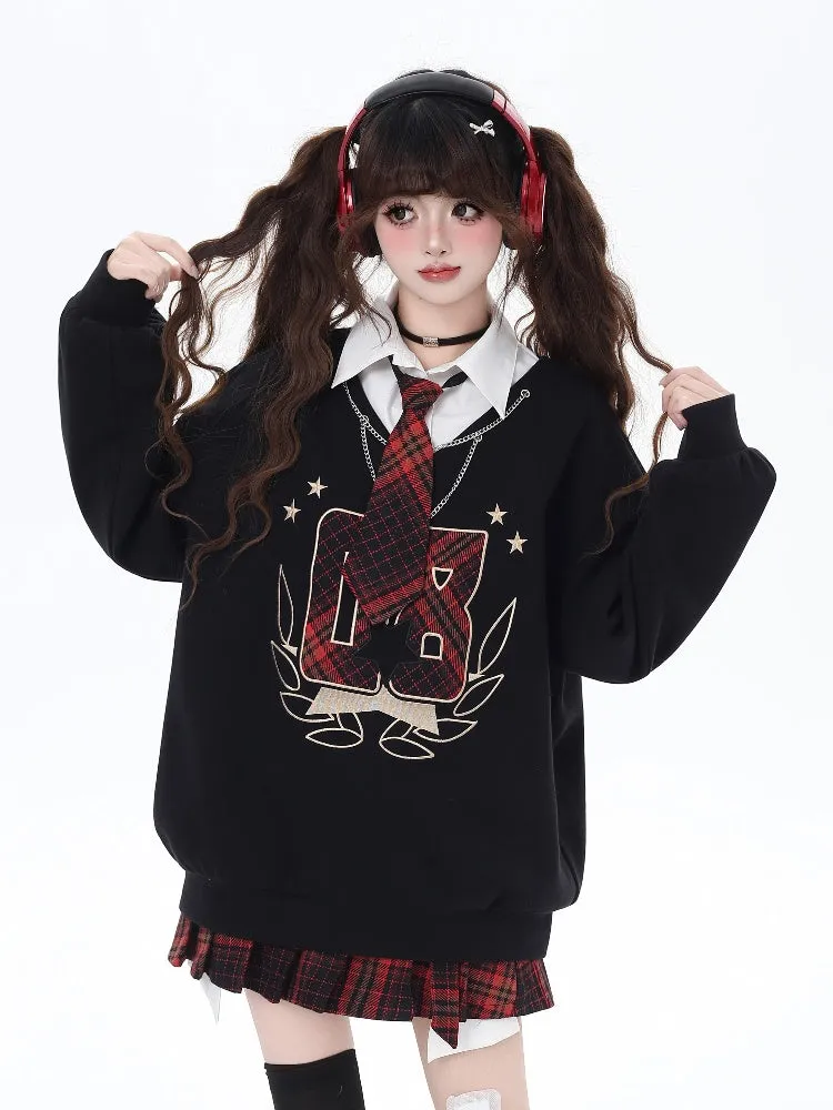 Black Preppy Faux Two-pieces Loose Sweatshirt with Red Plaid Tie