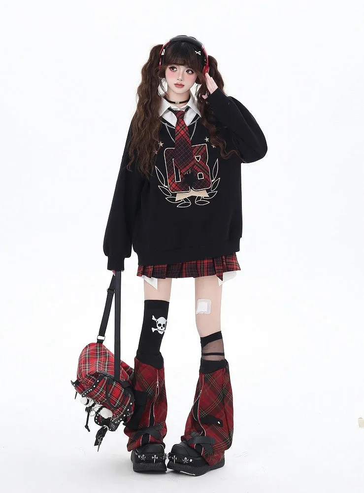 Black Preppy Faux Two-pieces Loose Sweatshirt with Red Plaid Tie