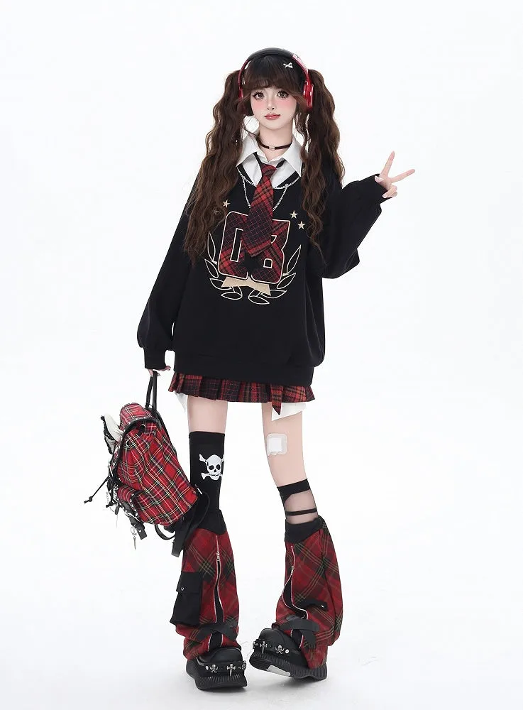 Black Preppy Faux Two-pieces Loose Sweatshirt with Red Plaid Tie