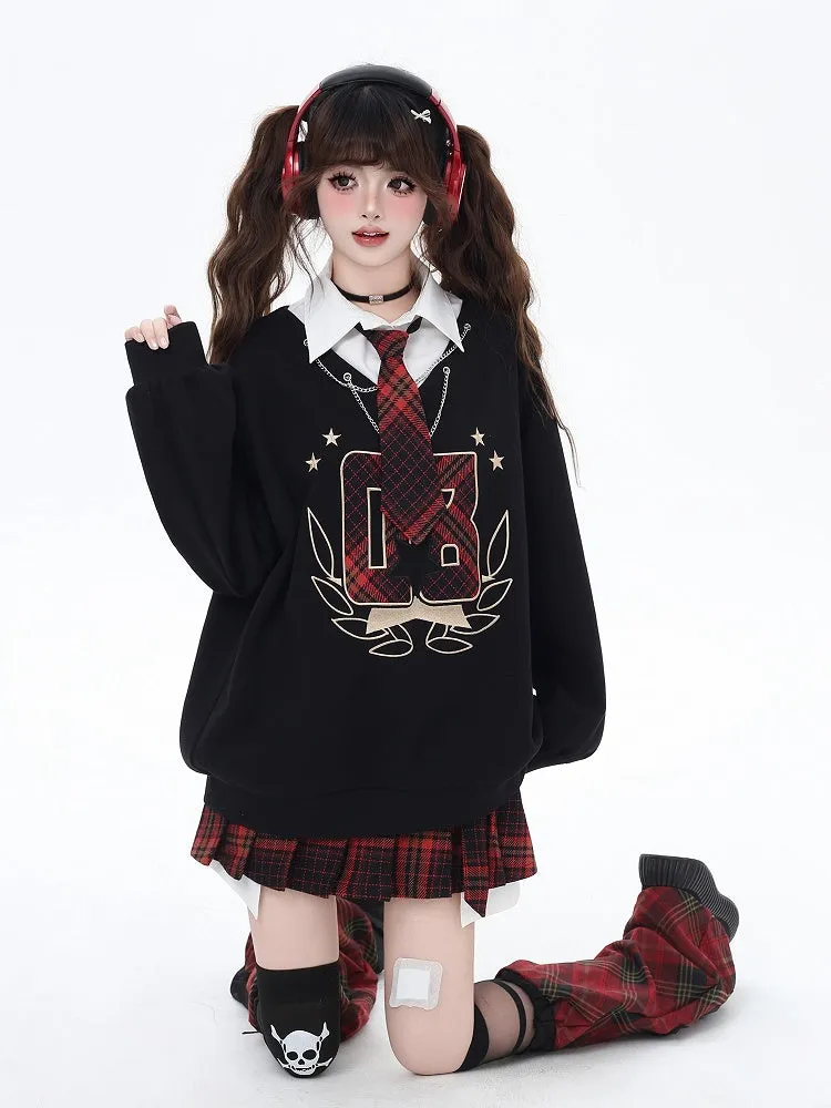 Black Preppy Faux Two-pieces Loose Sweatshirt with Red Plaid Tie