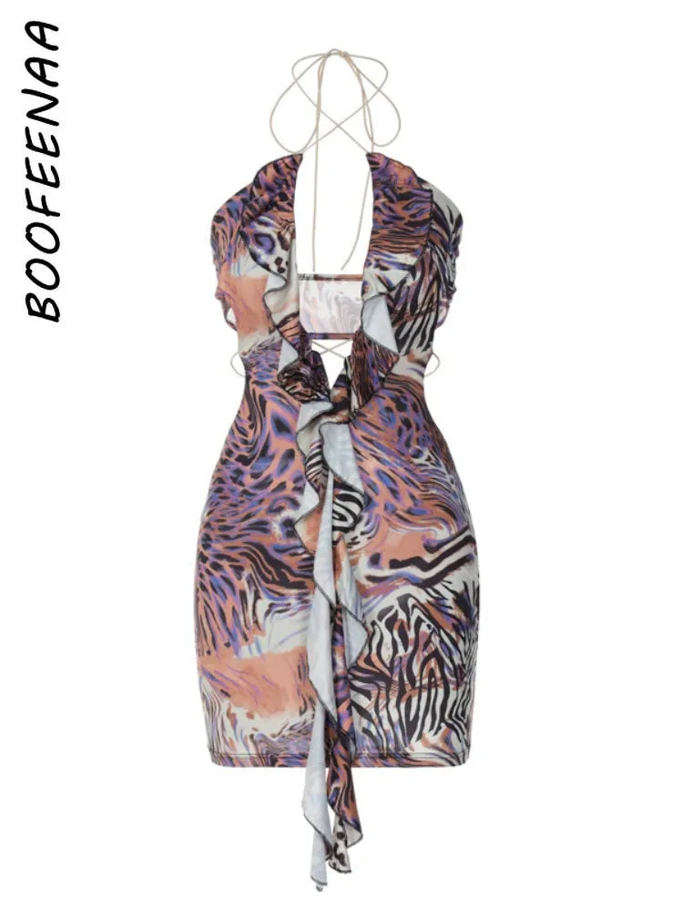 BOOFEENAA Leopard Print Ruffle Dress