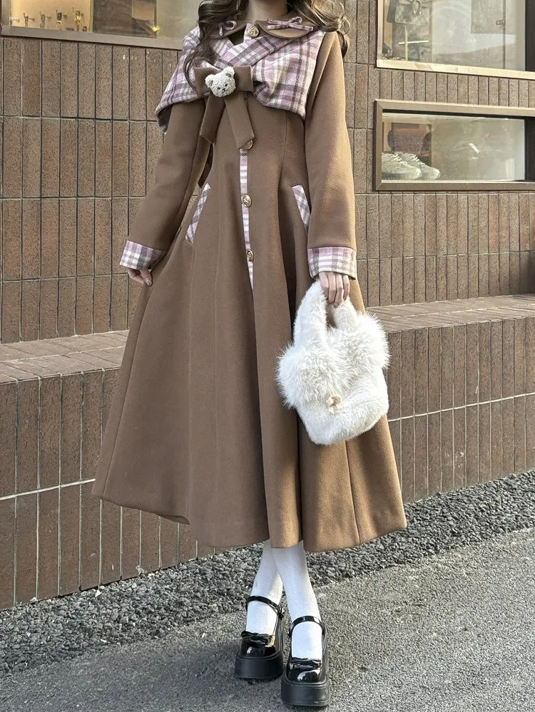 Brown Sweet Vintage Preppy Style Bow Accent Long Coat with Plaid Scarf Details