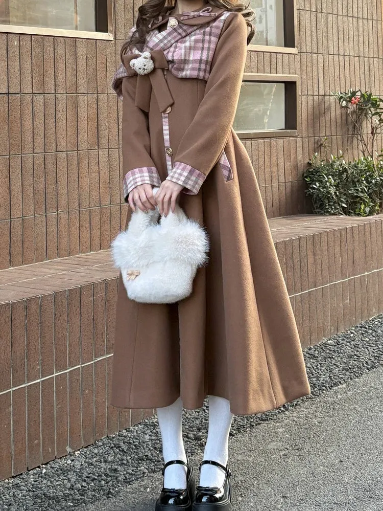 Brown Sweet Vintage Preppy Style Bow Accent Long Coat with Plaid Scarf Details