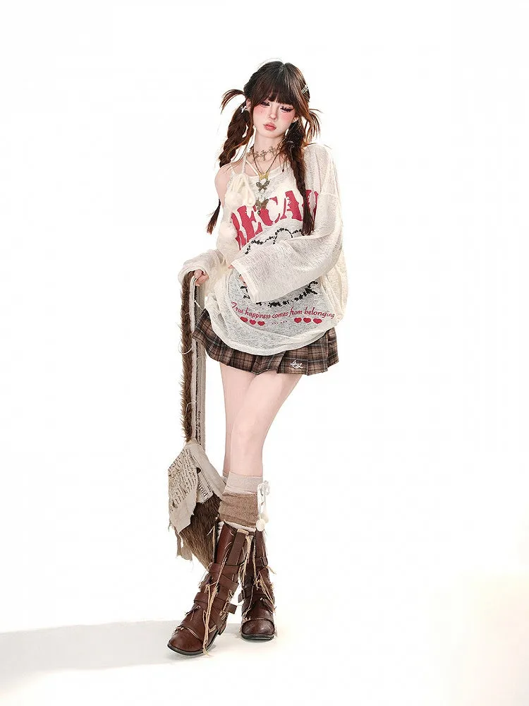 Buckle Belt Fashion Style Pleated Skirt with Free Plaid Preppy Coffee Millard