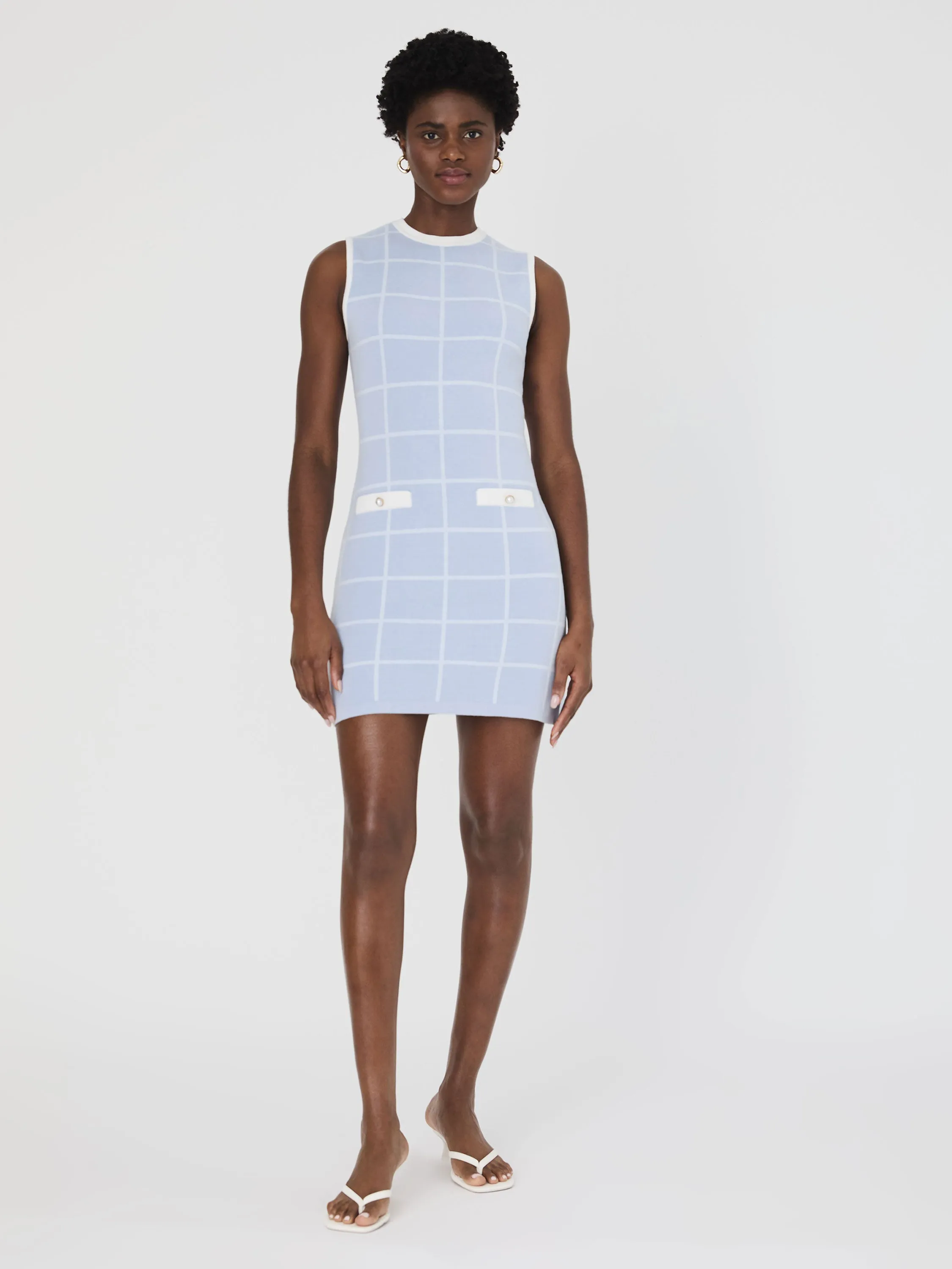 Check Sleeveless Crew Dress Sky Blue Summer White