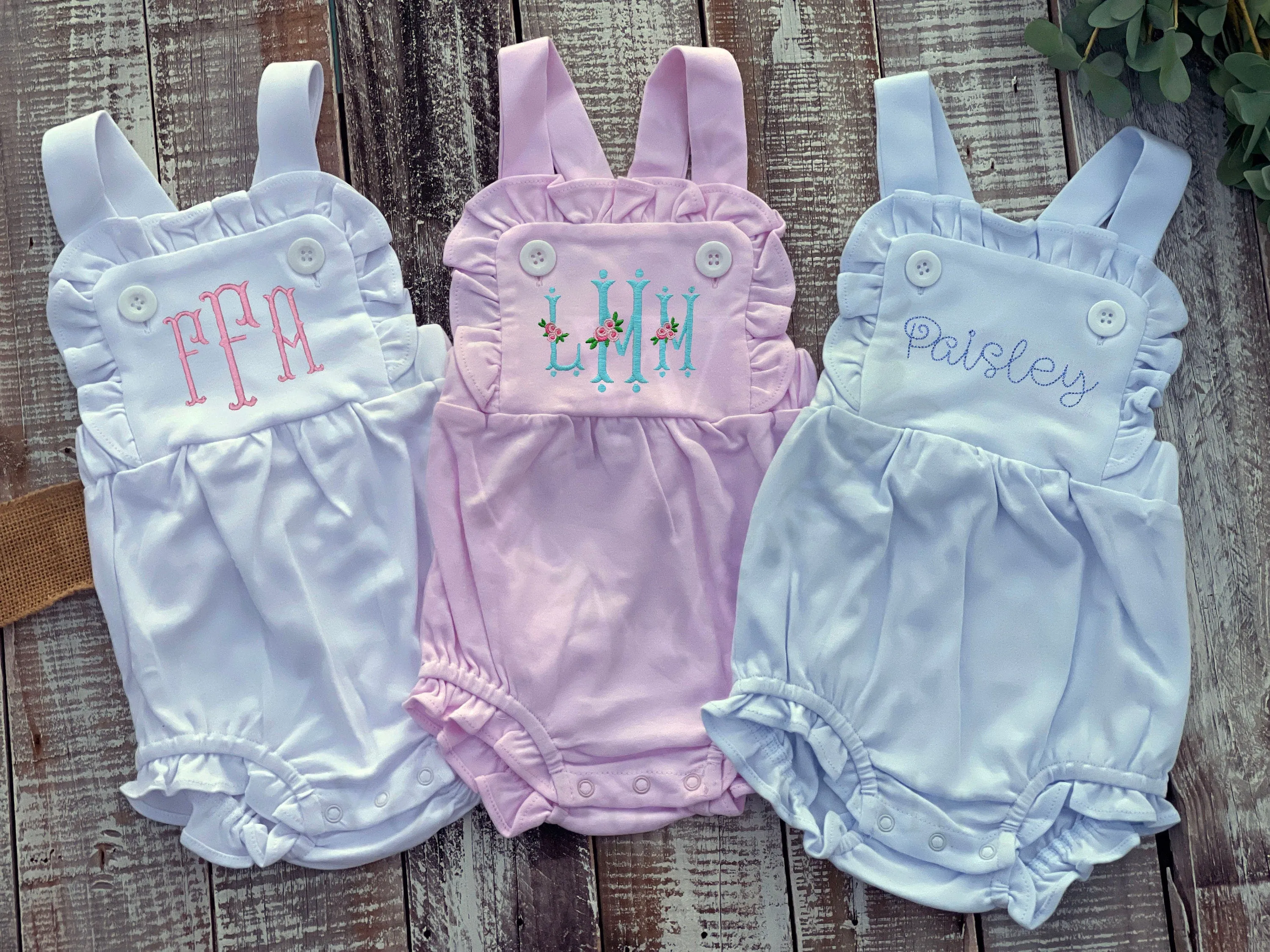 Custom Embroidered, Personalized, Monogrammed Pink, White, Blue Ruffle Bubble