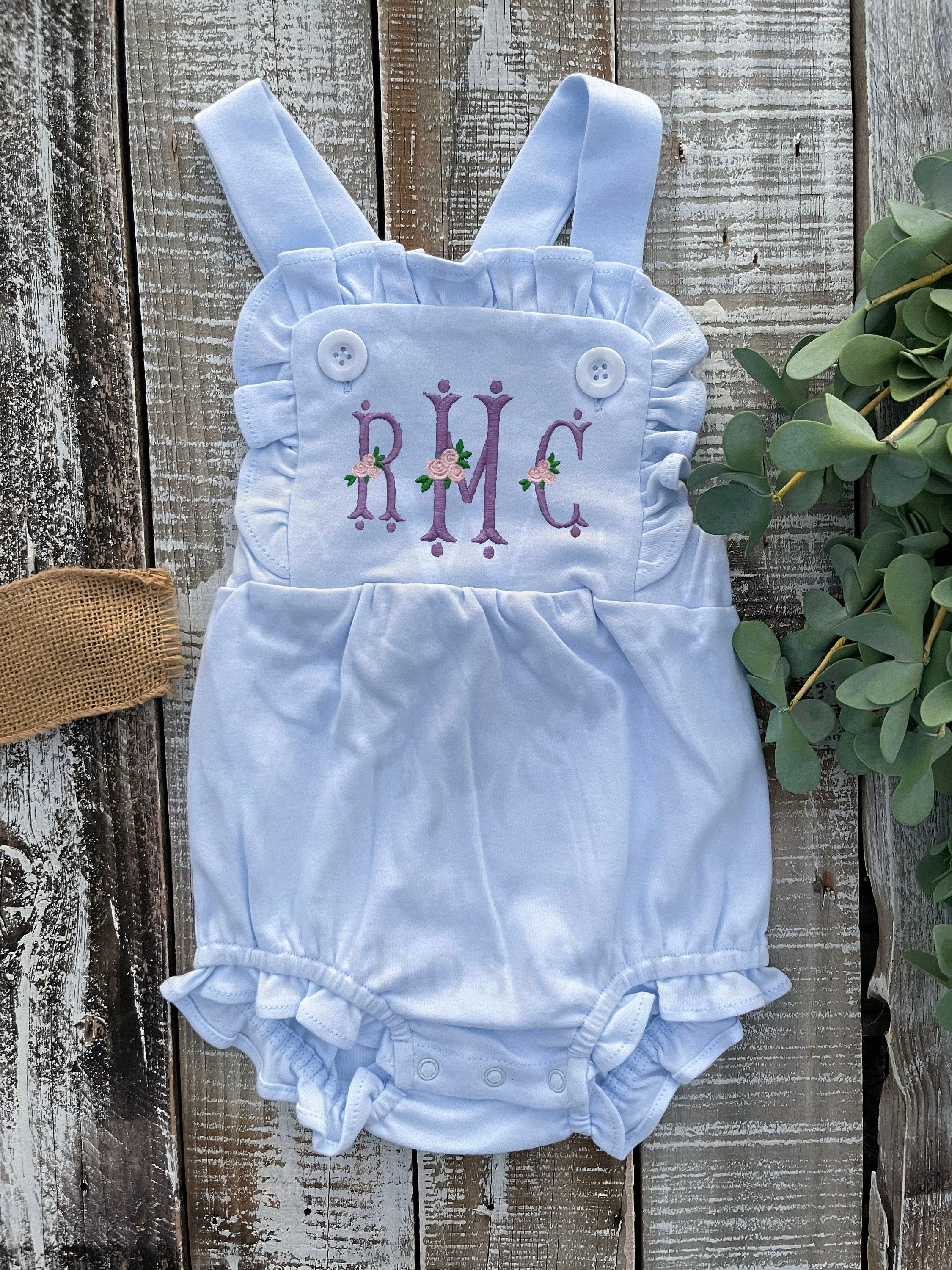 Custom Embroidered, Personalized, Monogrammed Pink, White, Blue Ruffle Bubble