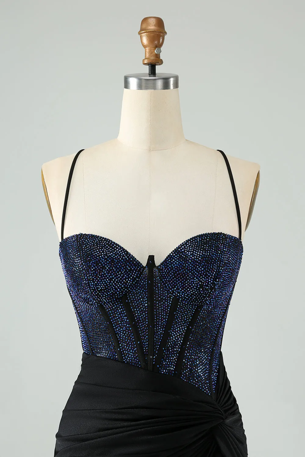 Glitter Black Spaghetti Straps Ruched Corset Tight Homecoming Dress with Beading
