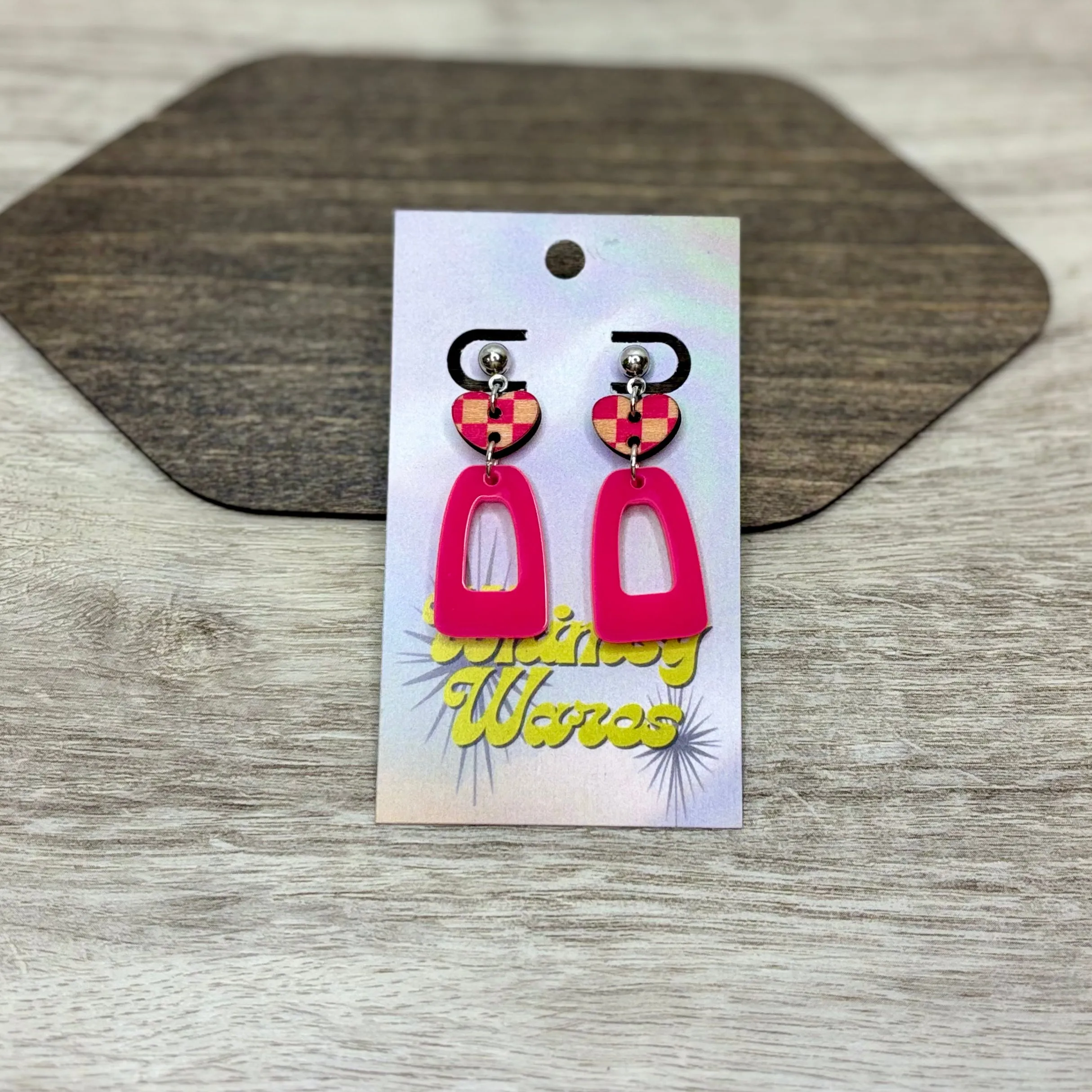 Hot Pink Heart Double Dangles - Wood & Acrylic Earrings