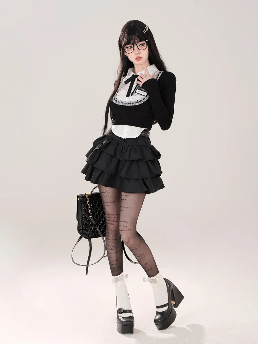 kellykitty black polo collar shirt preppy long sleeve t-shirt
