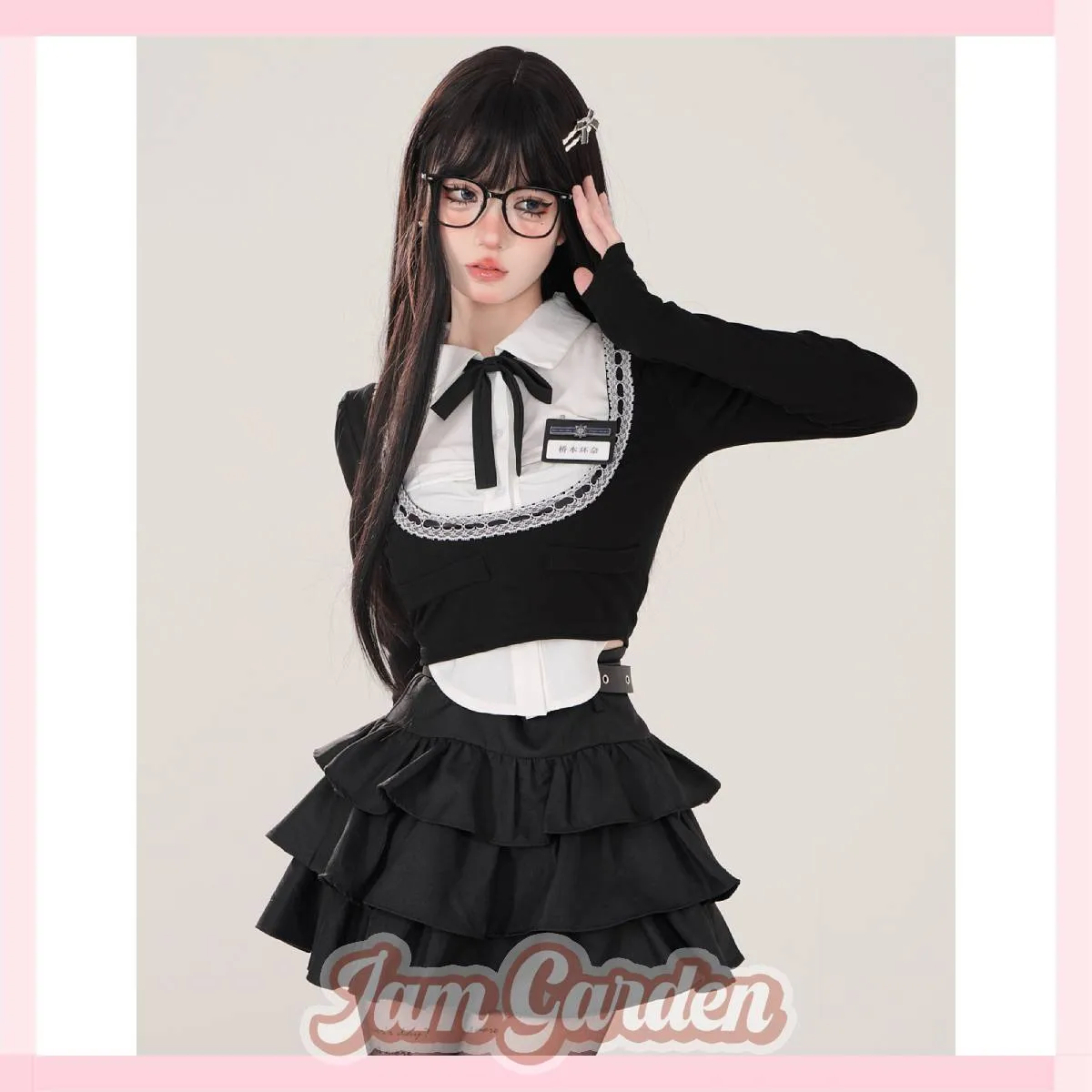 kellykitty black polo collar shirt preppy long sleeve t-shirt