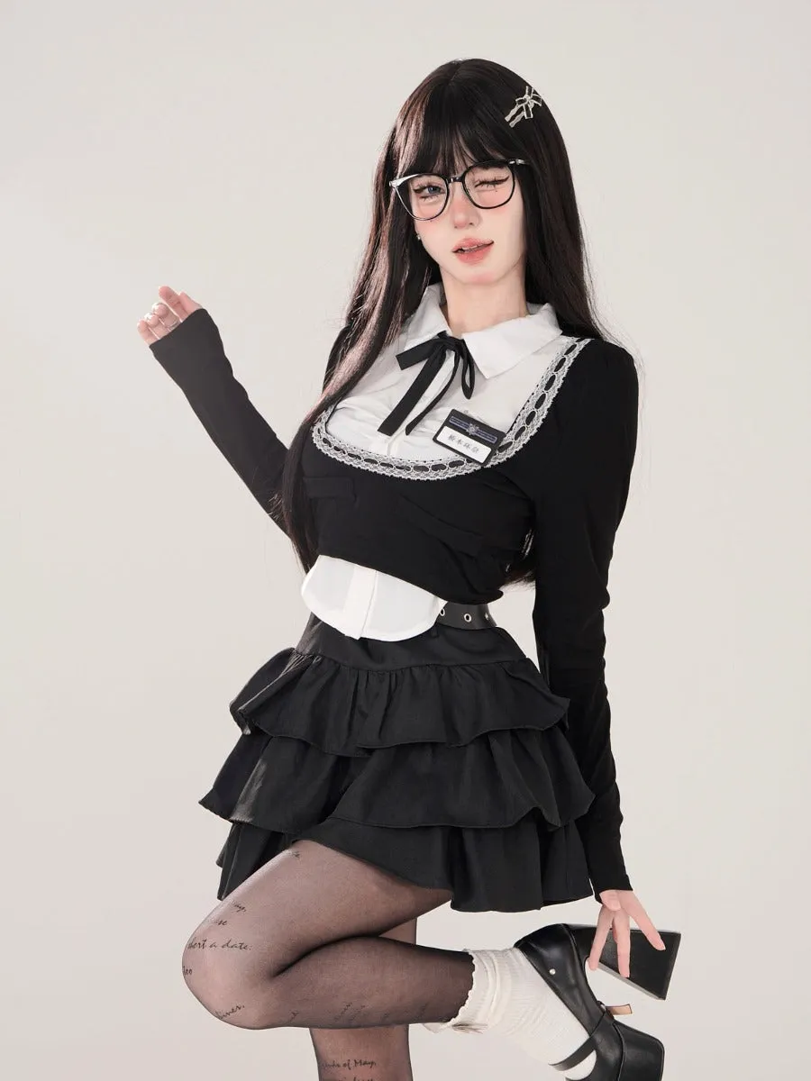 kellykitty black polo collar shirt preppy long sleeve t-shirt