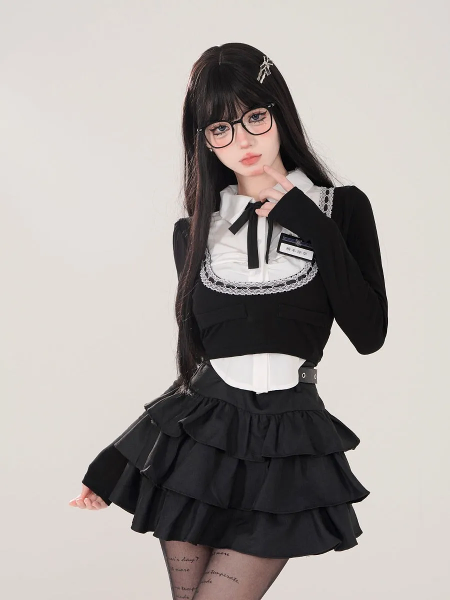 kellykitty black polo collar shirt preppy long sleeve t-shirt