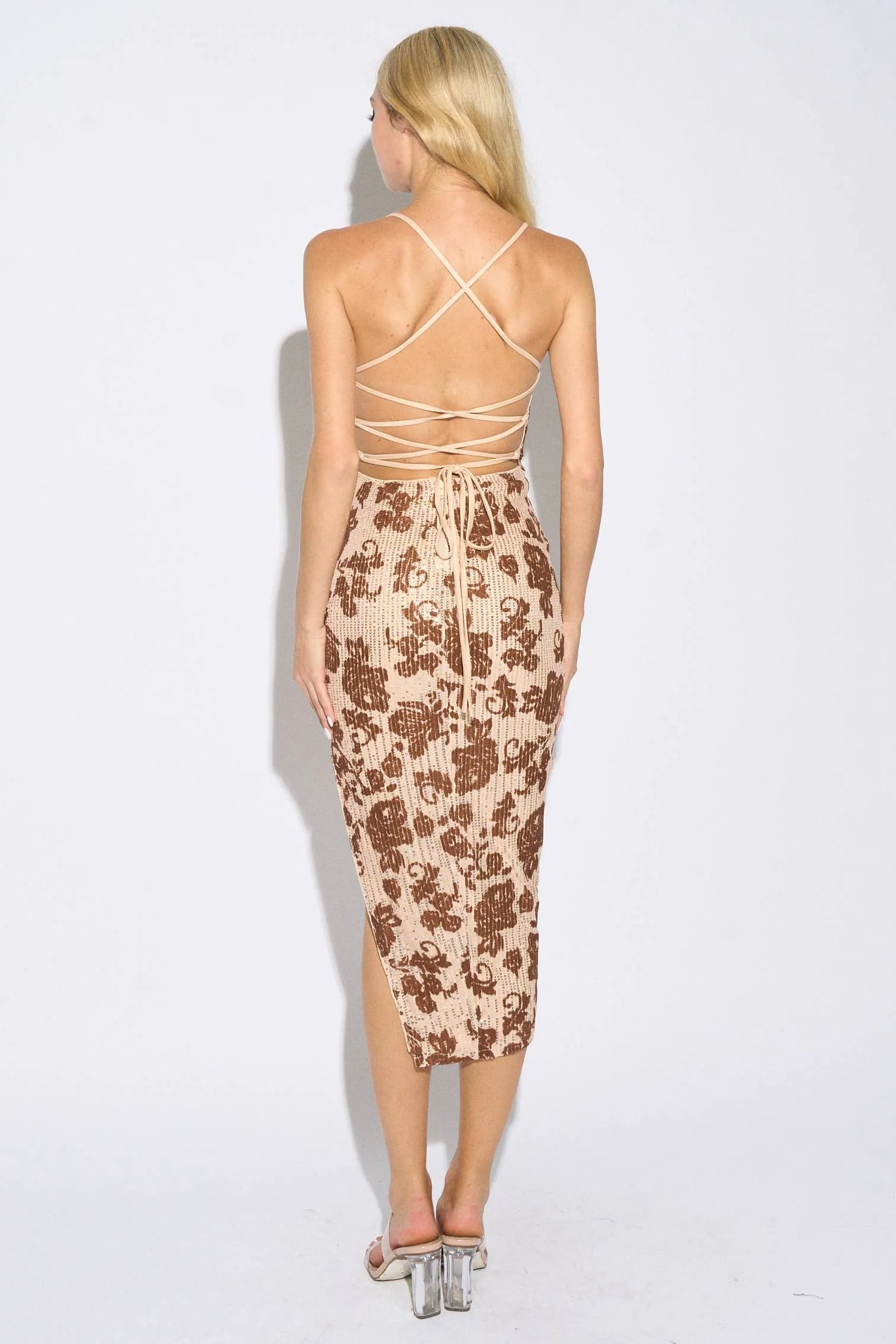 LUXE FLORAL SEQUINS MESH FLOCKING MIDI DRESS