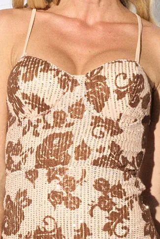 LUXE FLORAL SEQUINS MESH FLOCKING MIDI DRESS