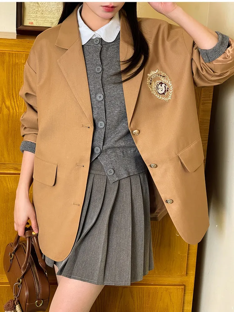 Millard Fashion Brown Badge Embroidered Preppy Blazer