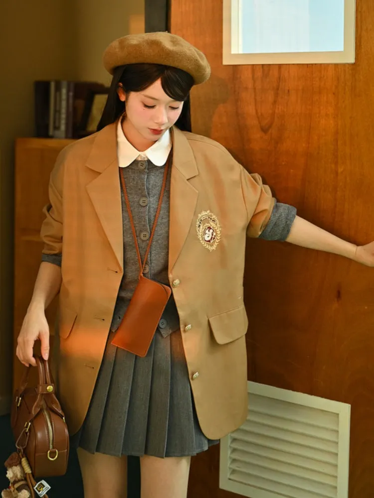 Millard Fashion Brown Badge Embroidered Preppy Blazer