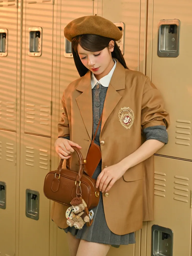 Millard Fashion Brown Badge Embroidered Preppy Blazer