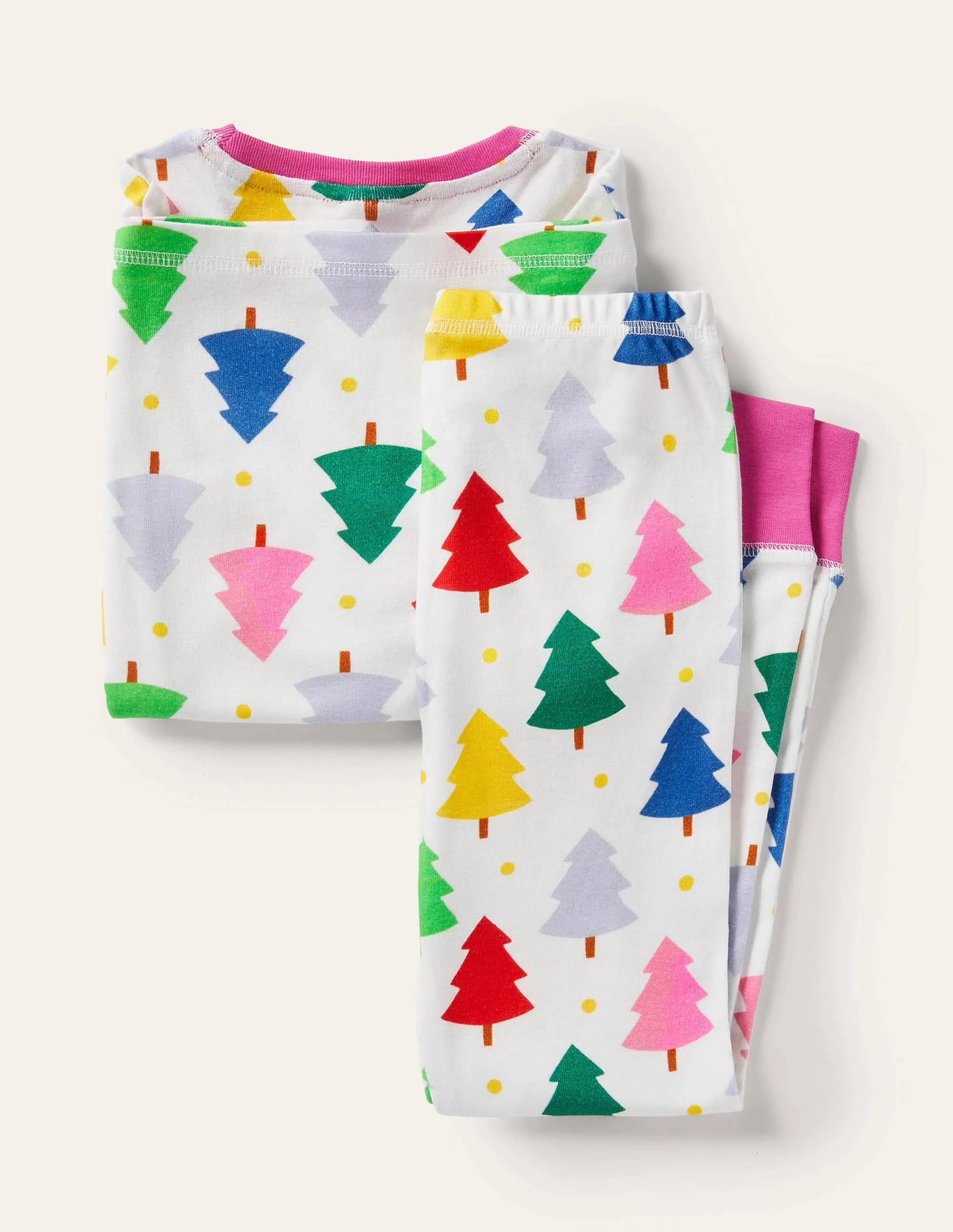 Snug Long John Pyjamas-Ivory Rainbow Christmas Trees