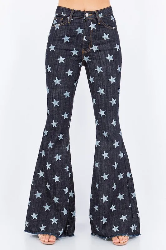 Star Print Bell Bottom Jean in Dark Denim