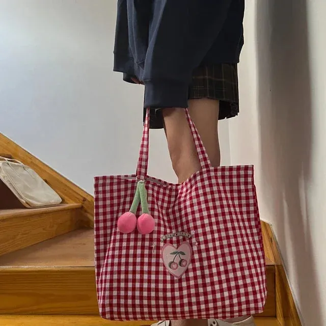 UAKISS  -  All Match Kawaii Women Preppy Shoulder Tote Bags Sweet Heart Plaid Japanese Handbags Trendy Fashion Top-Handle Bag High-capacity