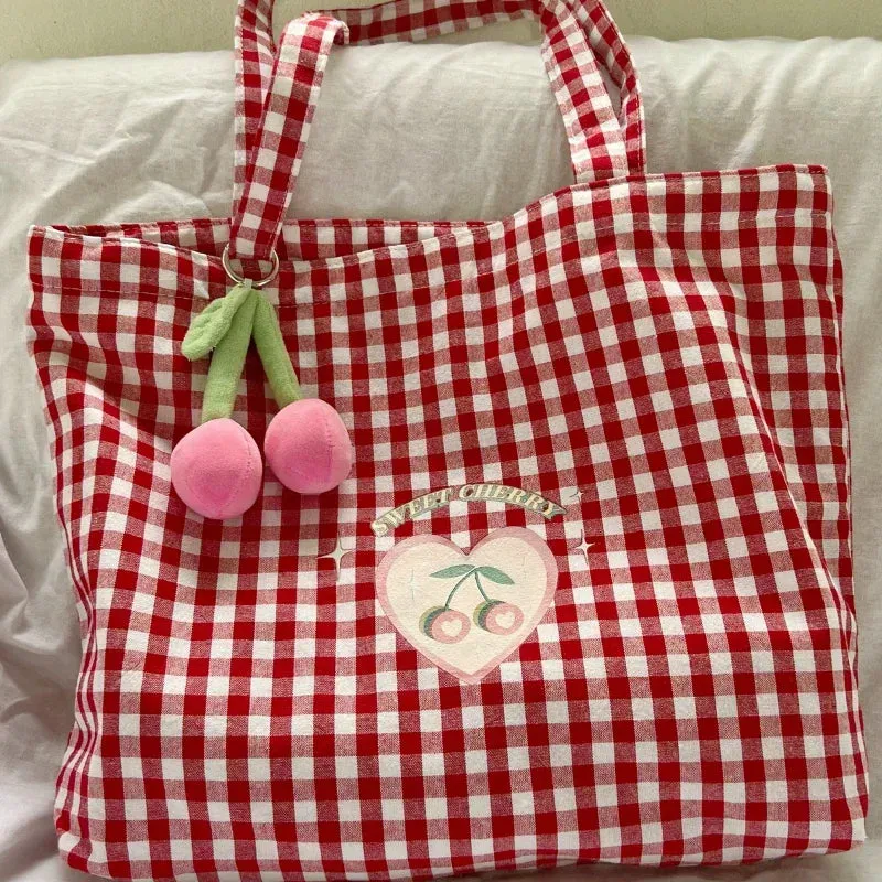 UAKISS  -  All Match Kawaii Women Preppy Shoulder Tote Bags Sweet Heart Plaid Japanese Handbags Trendy Fashion Top-Handle Bag High-capacity