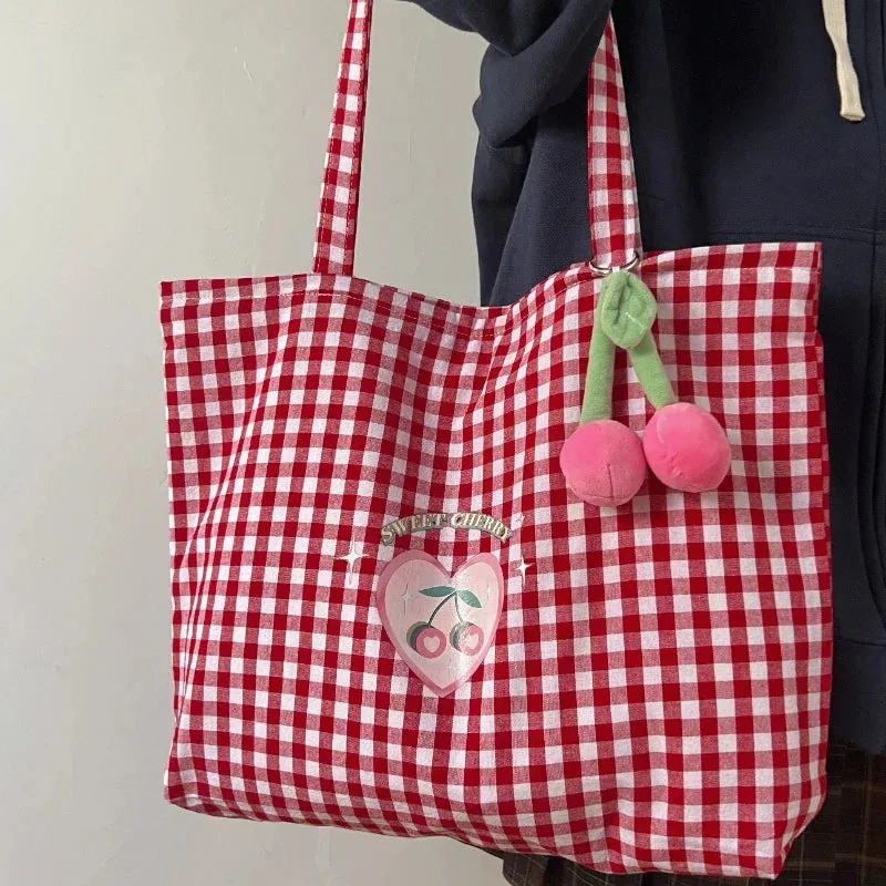 UAKISS  -  All Match Kawaii Women Preppy Shoulder Tote Bags Sweet Heart Plaid Japanese Handbags Trendy Fashion Top-Handle Bag High-capacity