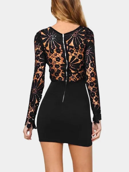 VenusFox Womens Long Sleeve Slim Lace Red Black Bodycon Dress